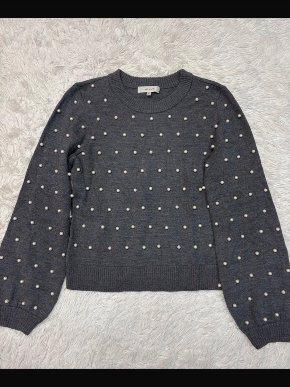 Milly Charcoal Crewneck Sweater with Pearl Studs